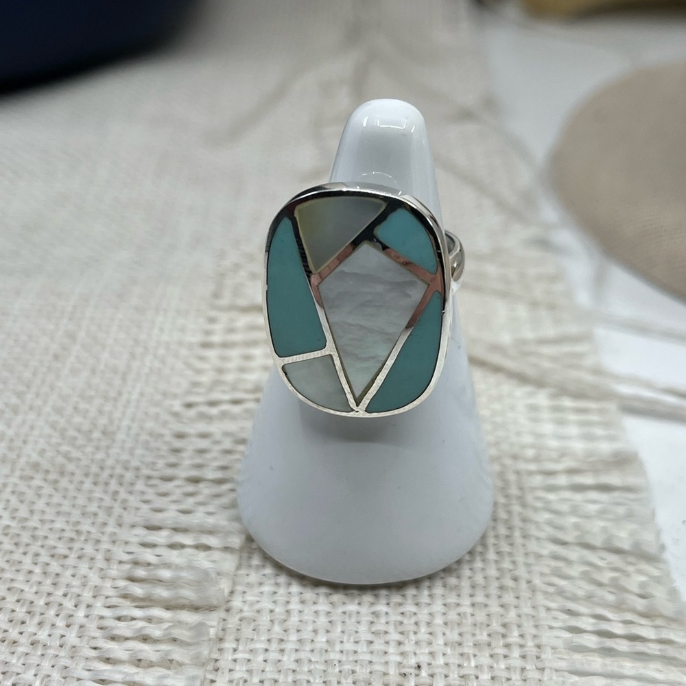 Vintage Thai 925 Sterling Silver Natural Turquoise MOP Inlay Ring Size 6 - Picture 15 of 16